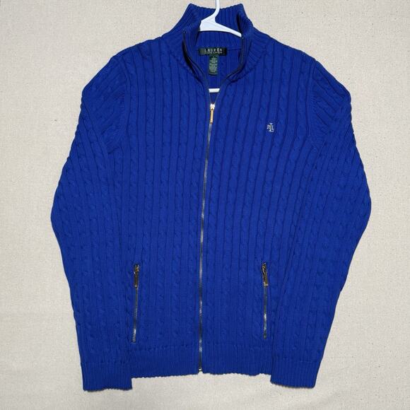 Lauren Ralph Lauren Sweaters - Lauren Ralph Lauren Cable Knit Full Zip Sweater Womens L Blue Cotton Pockets